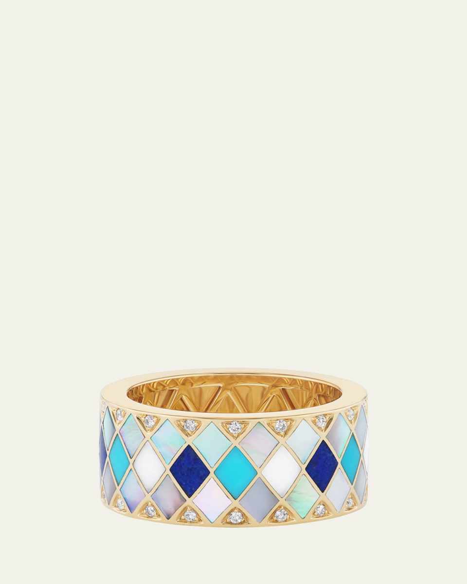 18K Yellow Gold Temple Tile Cigar Ring with Diamonds and Gemstones, Size